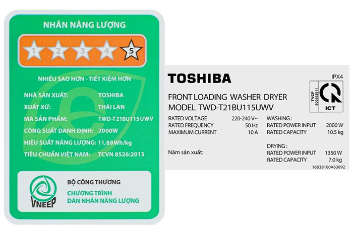 Máy Giặt Sấy Toshiba Inverter Giặt 10.5 Kg - Sấy 7 Kg TWD-T21BU115UWV(MG)